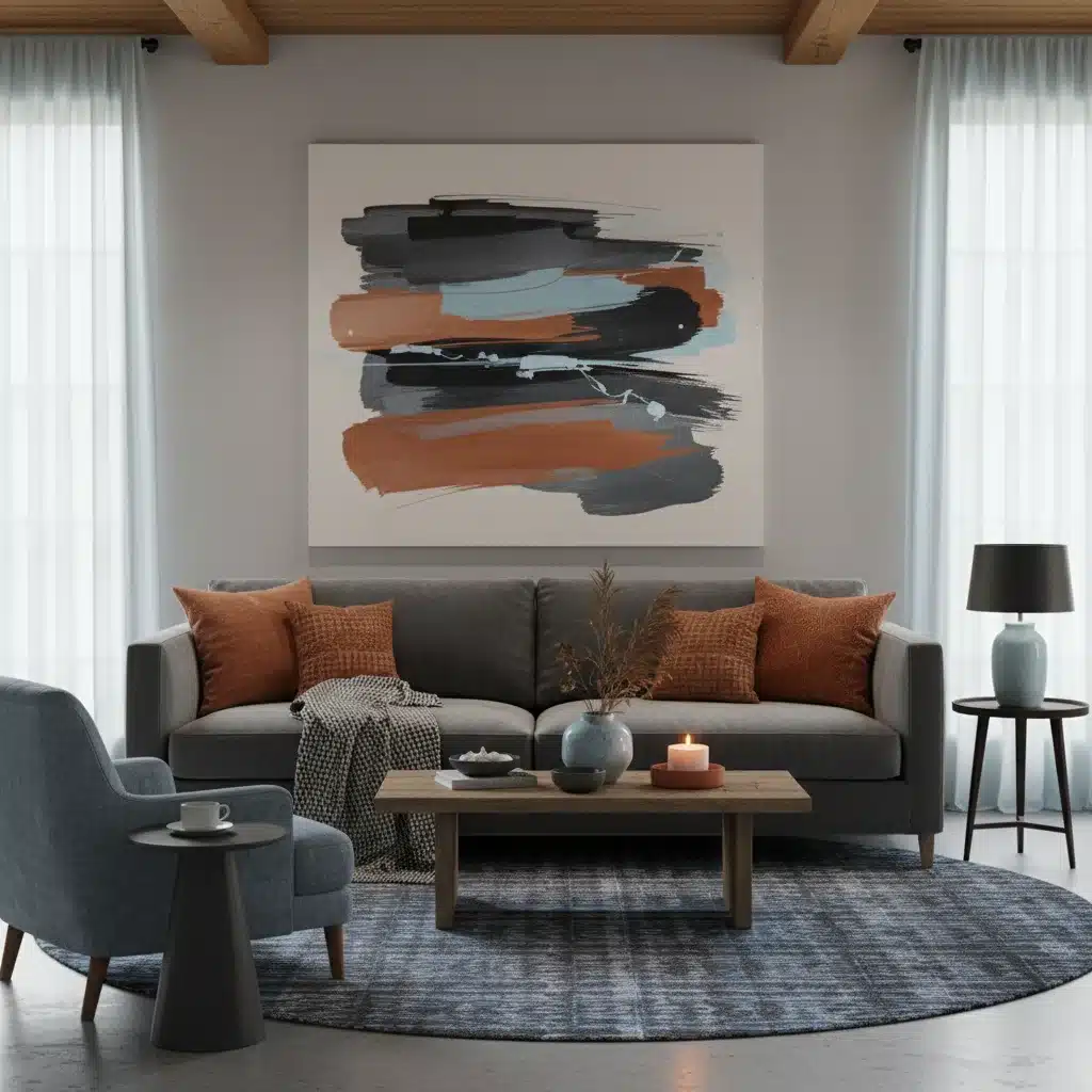 Interior design with Charcoal Serenity, Spiced Ember, and Icy Whisper Blue accents