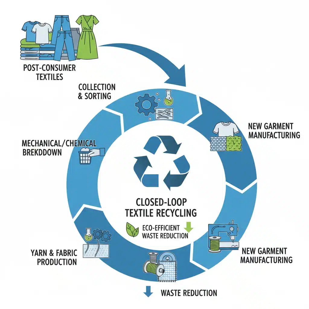 Diagram of a closed-loop textile recycling system, showcasing circular economy.