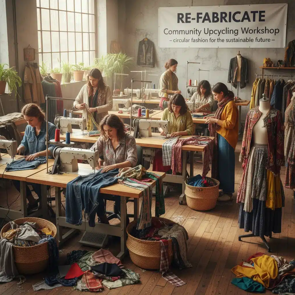 Community workshop upcycling old garments into new fashion items.