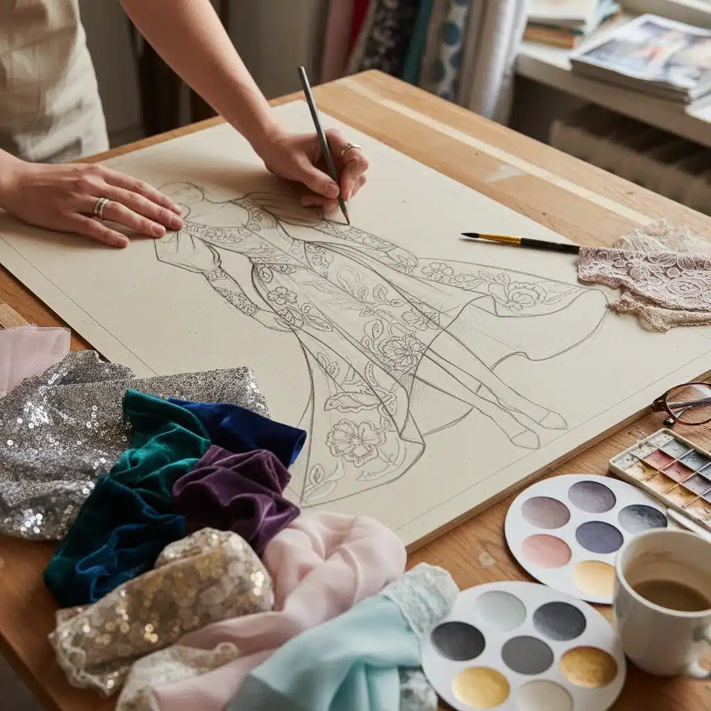 Fashion designer sketching intricate couture garment details