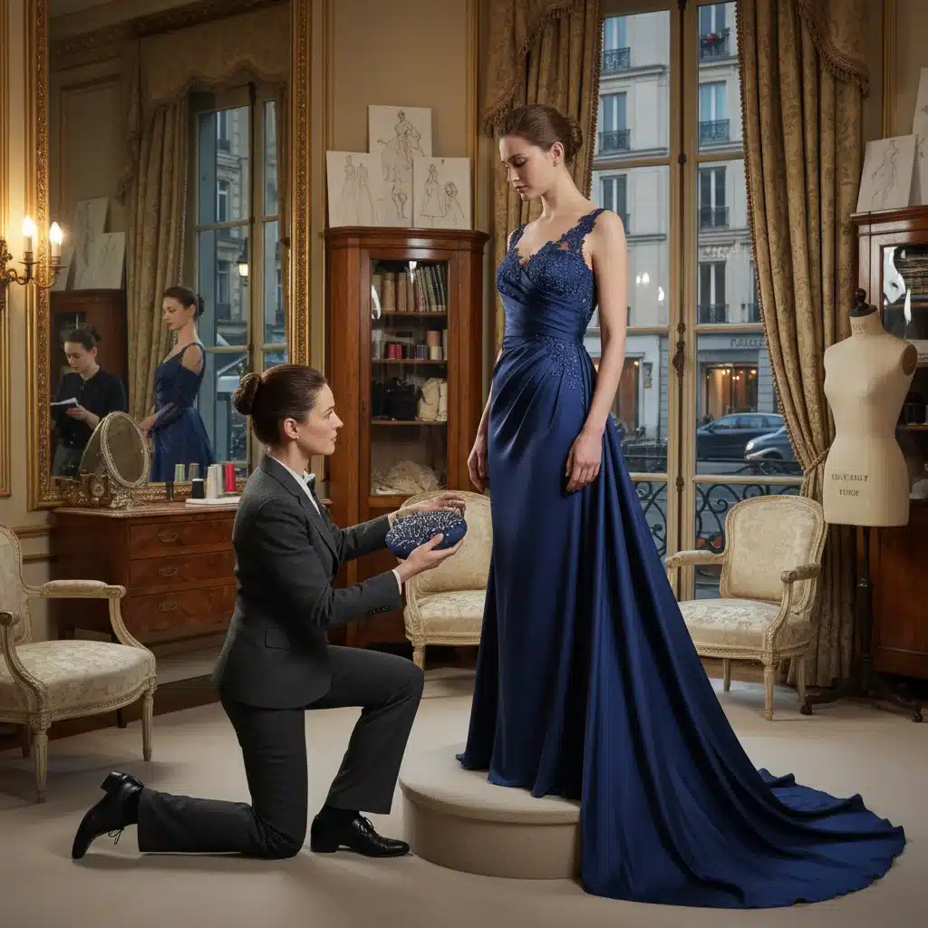 Couturier performing a meticulous fitting of a bespoke gown on a client