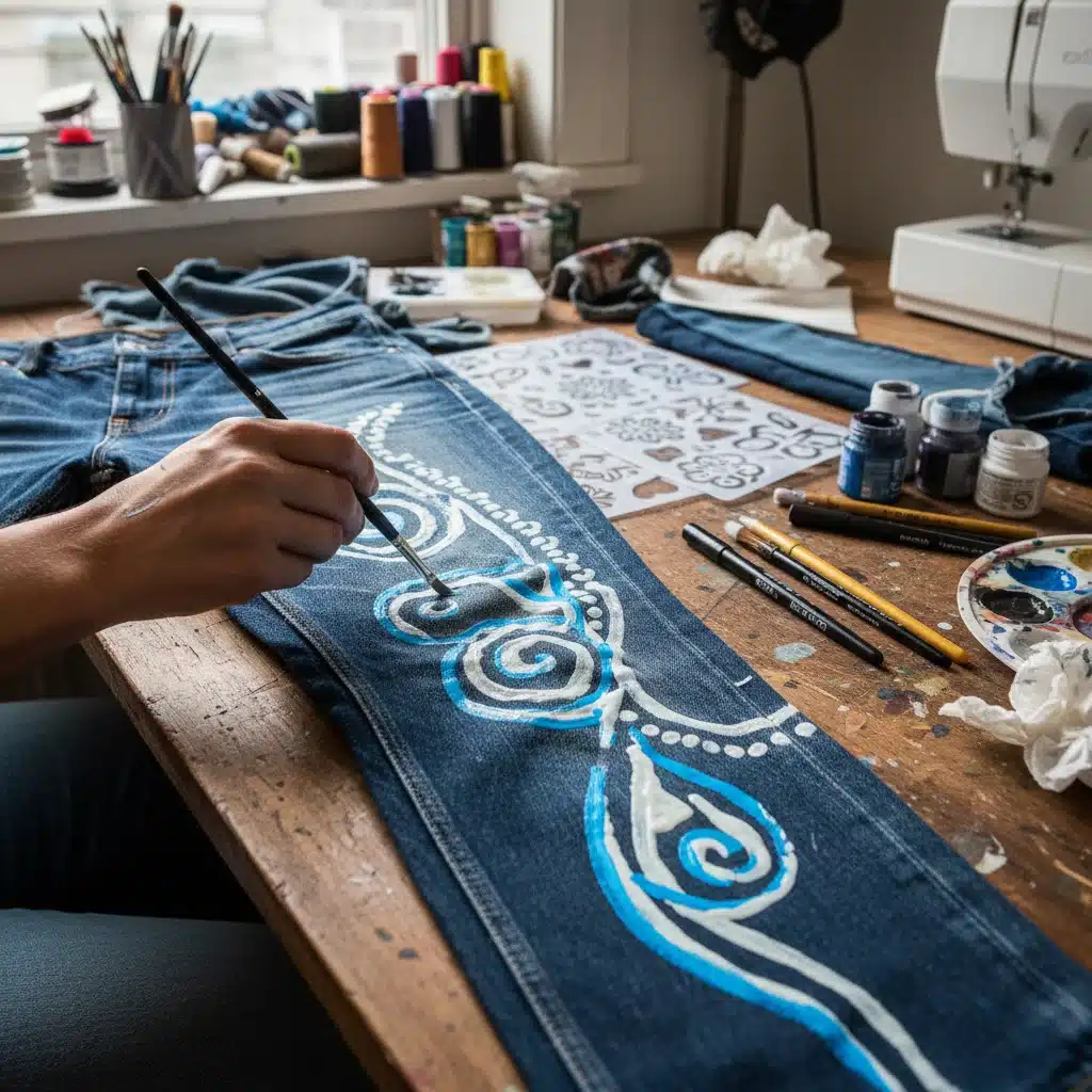 Hand painting intricate abstract designs onto vintage denim jeans for a personalized street style look.
