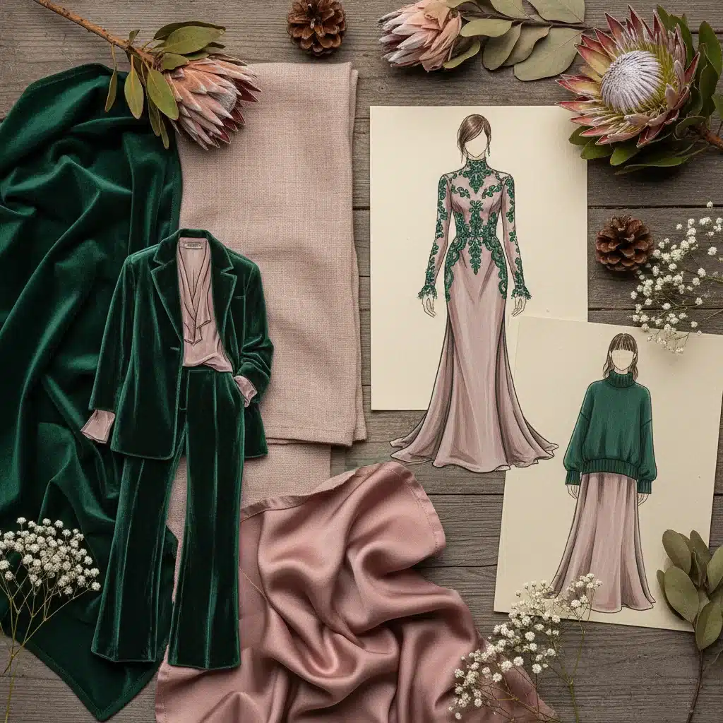 Mood board showcasing Deep Forest Green and Dusty Rose Quartz for winter fashion