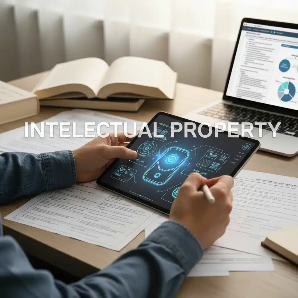 Hands sketching a product design on a tablet, surrounded by patent documents, emphasizing early IP documentation.