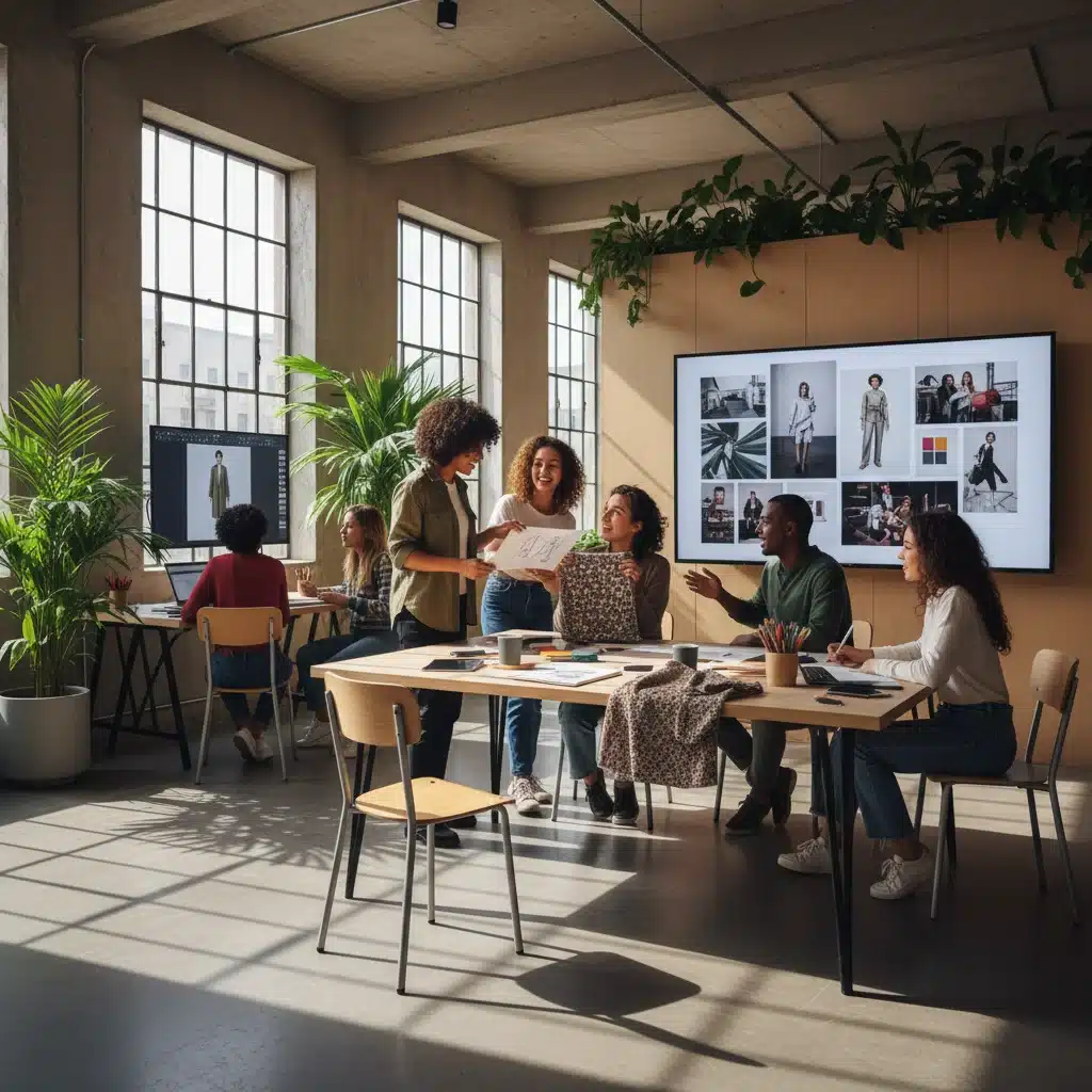 Emerging fashion designers collaborating in a creative workspace