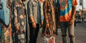 Diverse young people showcasing DIY street style with custom patches, painted sneakers, and tie-dye in an urban environment.