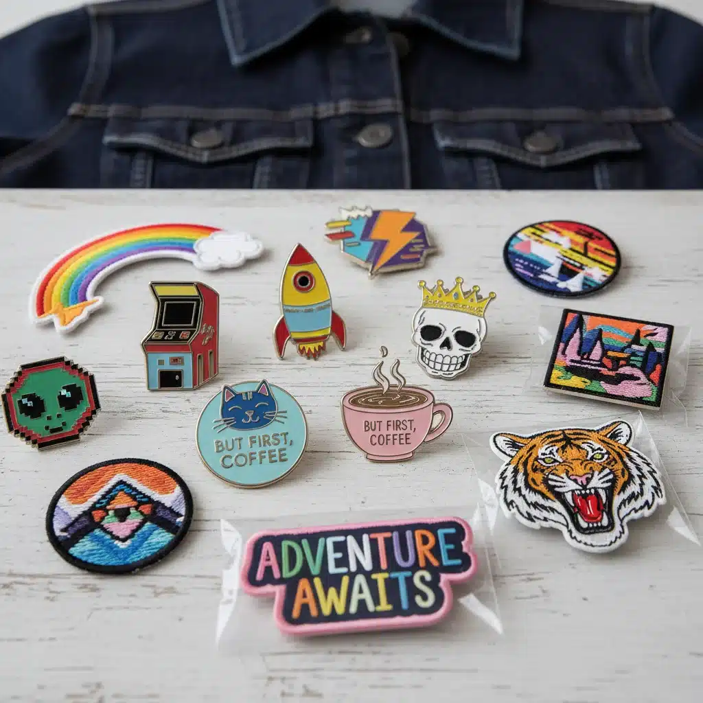 Assortment of vibrant enamel pins and iron-on patches ready to customize a denim jacket for a unique street style.