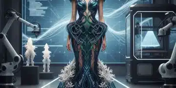 The Future of Bespoke: 3 Technologies Personalizing High Fashion in 2026 (RECENT UPDATES) Futuristic model in 3D printed bespoke gown, high-tech fashion studio.