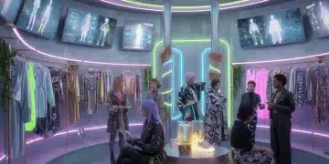 Futuristic pop-up store interior with emerging designer fashion