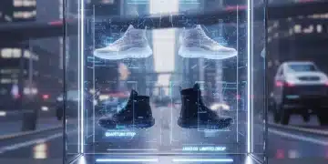 Futuristic sneaker display with holographic elements and anticipated models