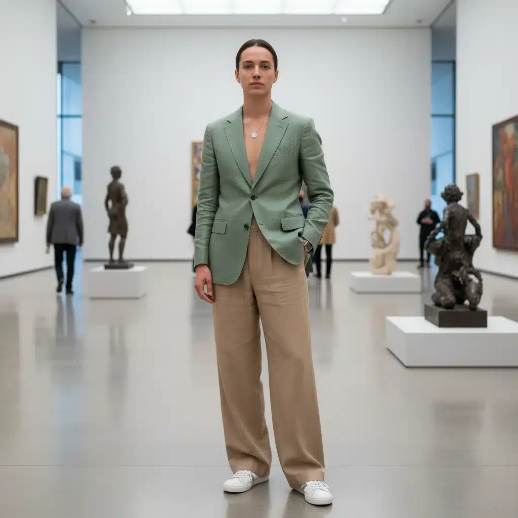 Gender-neutral tailored blazer with wide-leg trousers in a modern art gallery setting.