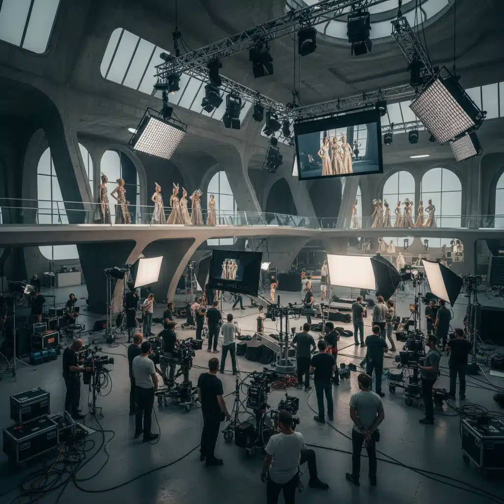 Large production crew on set of a high fashion campaign