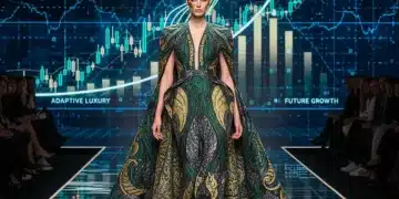 High fashion model on runway amidst economic data, symbolizing industry adaptation.