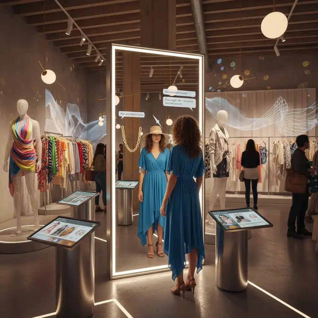 Customer interacting with smart mirror in an immersive pop-up retail experience