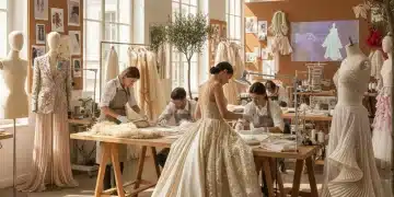 Artisans working in a modern couture atelier, hand-stitching a bespoke gown