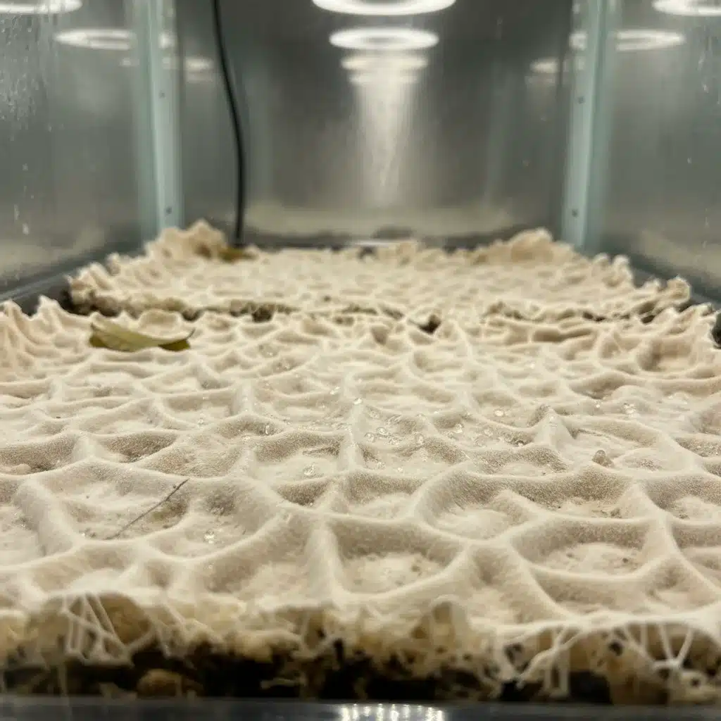 Mycelium-based leather growing, demonstrating sustainable material innovation.