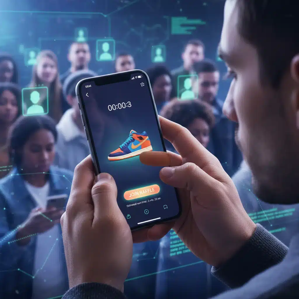 Person's hands engaging in an online sneaker raffle on a smartphone