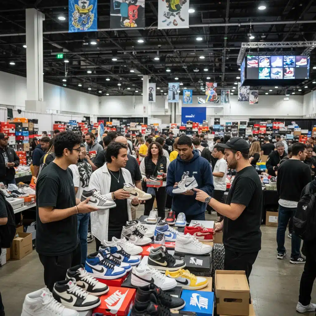Diverse group of sneaker collectors at a vibrant convention