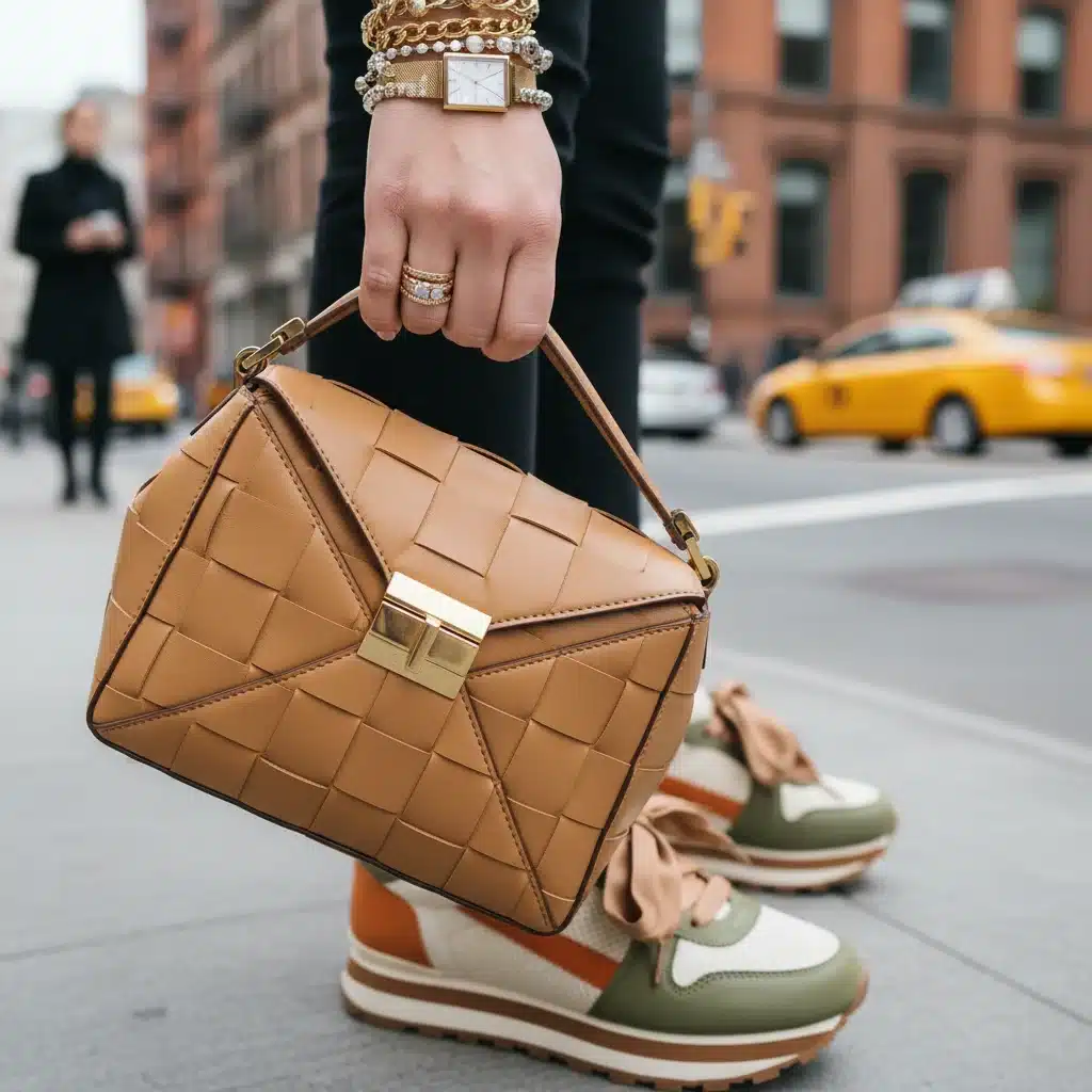 Close-up of stylish accessories including a unique handbag, layered jewelry, and trendy sneakers, showcasing street style details.