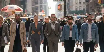 Diverse individuals displaying modern urban fashion on a vibrant NYC street, captured by a street style photographer.