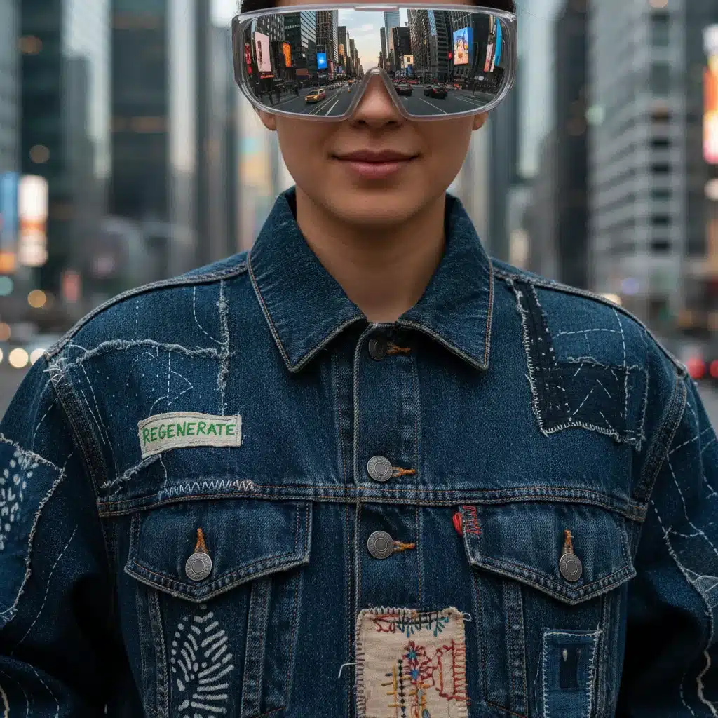 Oversized sustainable denim jacket with patchwork and tech glasses, showcasing a 2026 micro-trend.