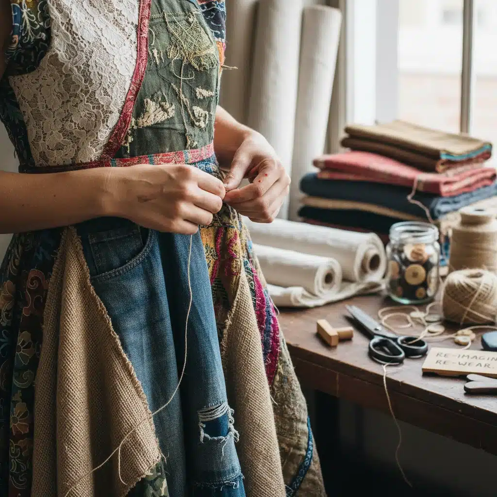 Designer's hands working on a sustainable garment with recycled materials.