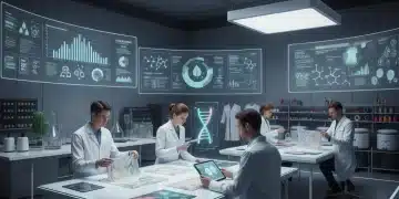 Scientists examining sustainable fabrics in a high-tech textile laboratory, symbolizing innovation.