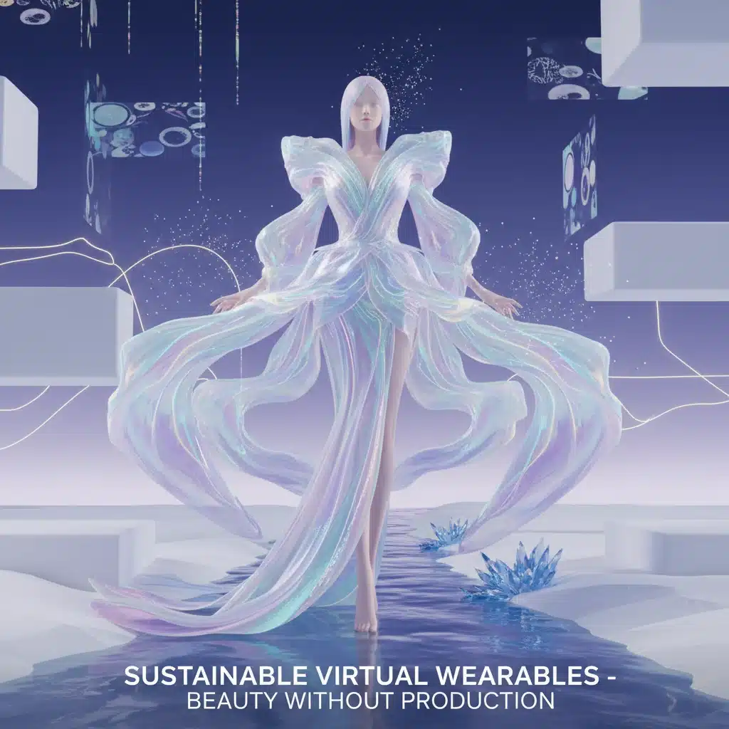 Sustainable virtual gown on a digital model in a futuristic setting