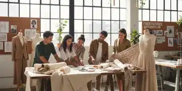 Sustainable Fashion: US Designers Embrace Eco-Conscious Production by 2026 Emerging US fashion designers working with sustainable fabrics and eco-conscious production methods.