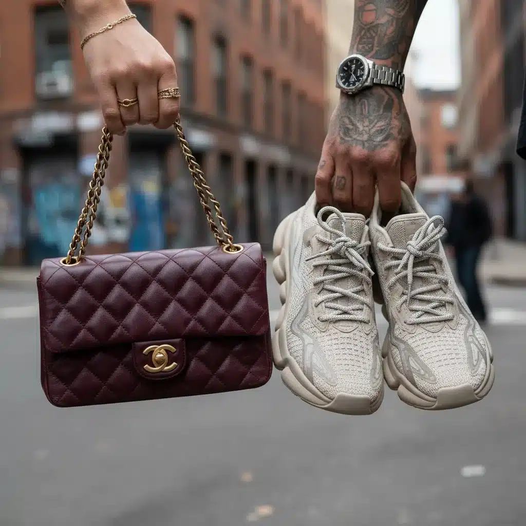 Vintage designer bag and modern streetwear sneaker, representing smart fashion investments.