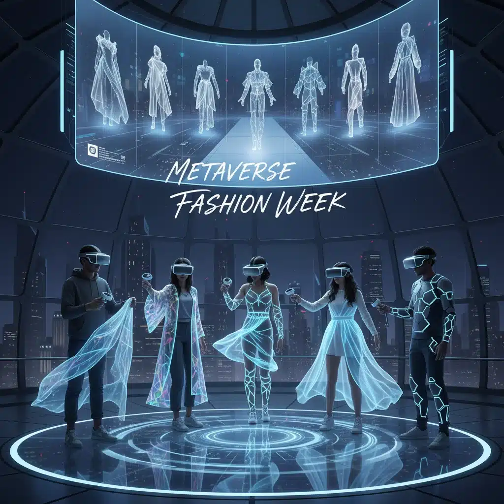 Consumers experiencing a virtual reality fashion show, showcasing digital innovation.