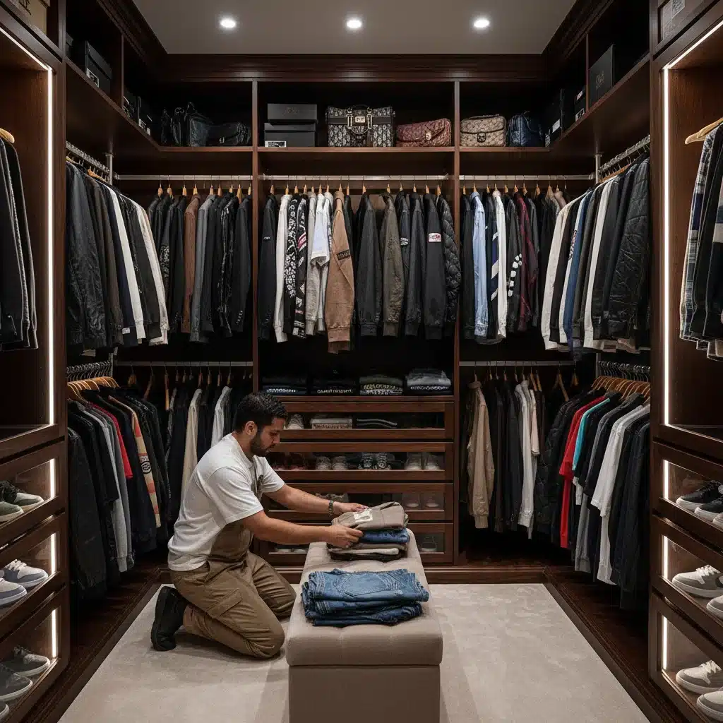 Organized closet with high-quality streetwear and luxury items, emphasizing wardrobe maintenance.