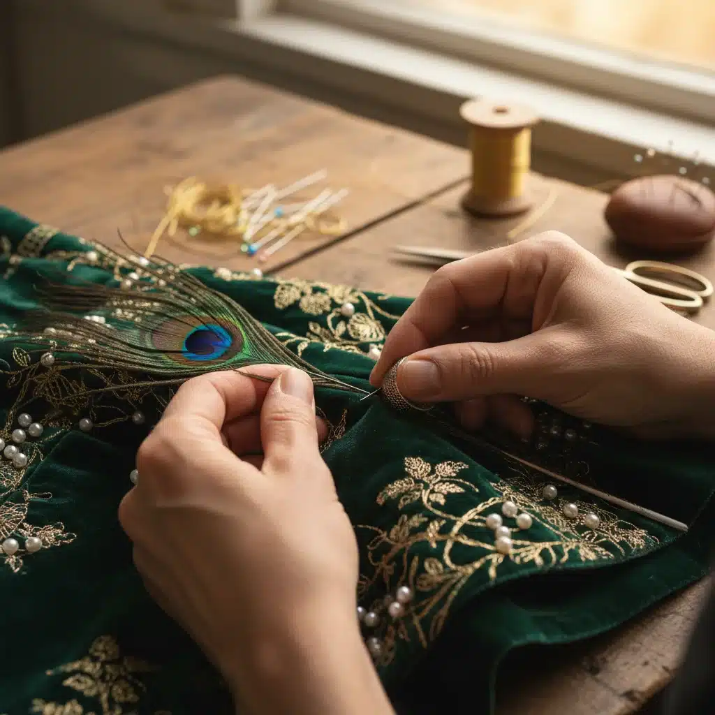 Artisan crafting high fashion garment, highlighting craftsmanship