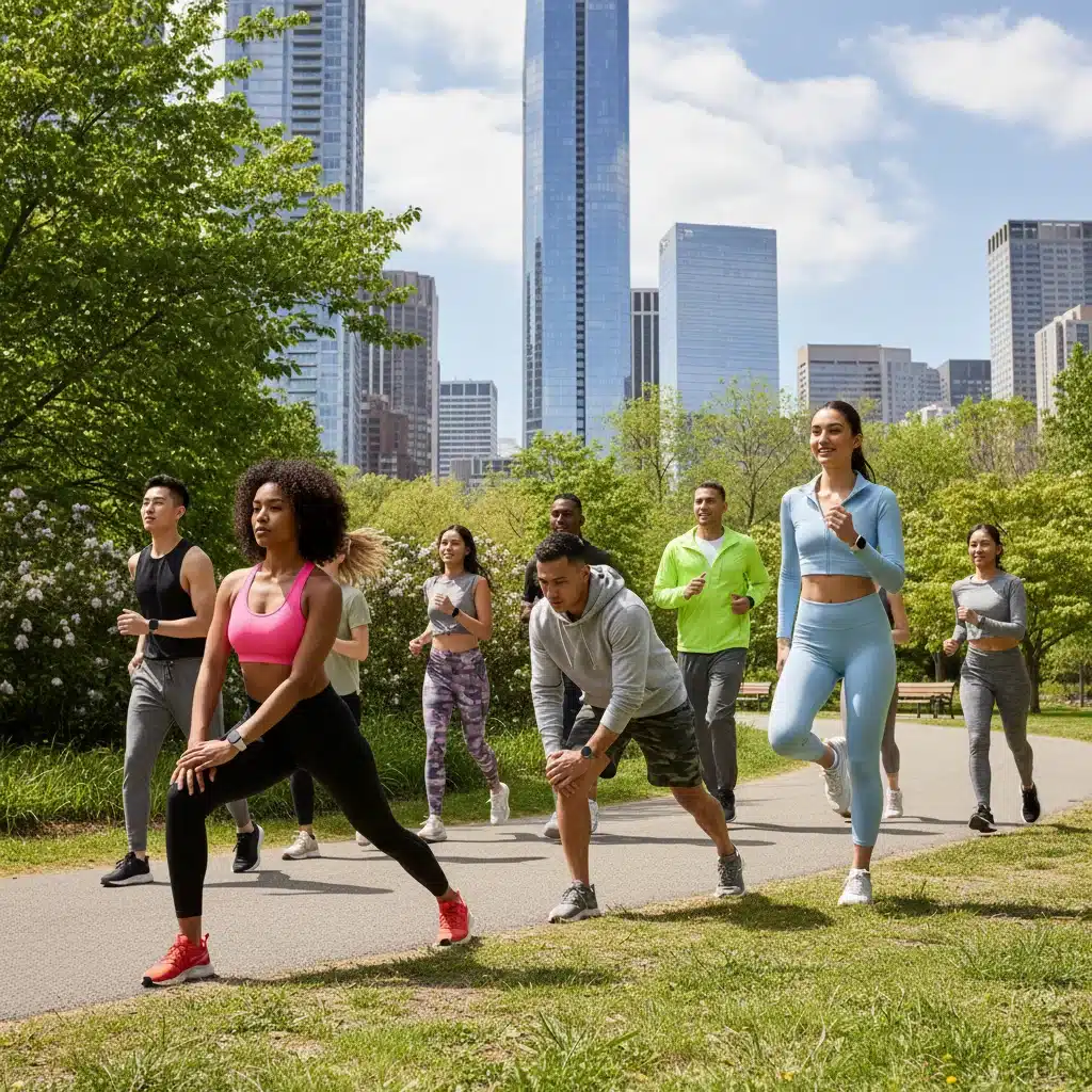 Diverse group exercising in athleisure