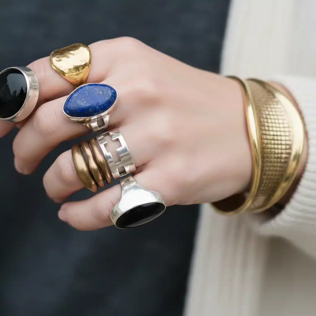 Close-up of a hand wearing chunky, sculptural rings and a statement cuff, highlighting early 2026 jewelry trends.