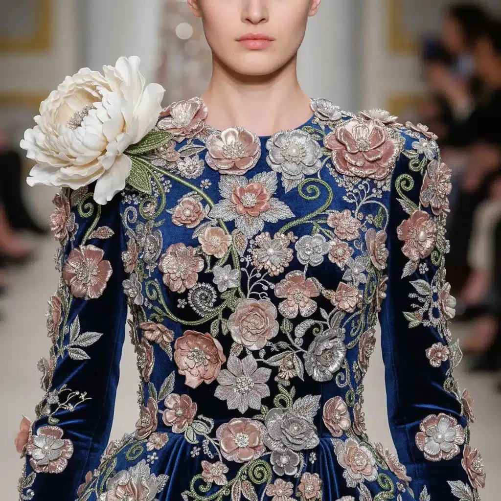 Intricate floral embroidery on a haute couture gown, Paris Fashion Week