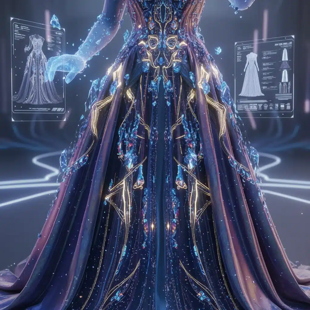 Detailed digital garment design on holographic interface.