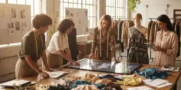 Emerging fashion designers collaborating on direct-to-consumer strategies in a creative studio.