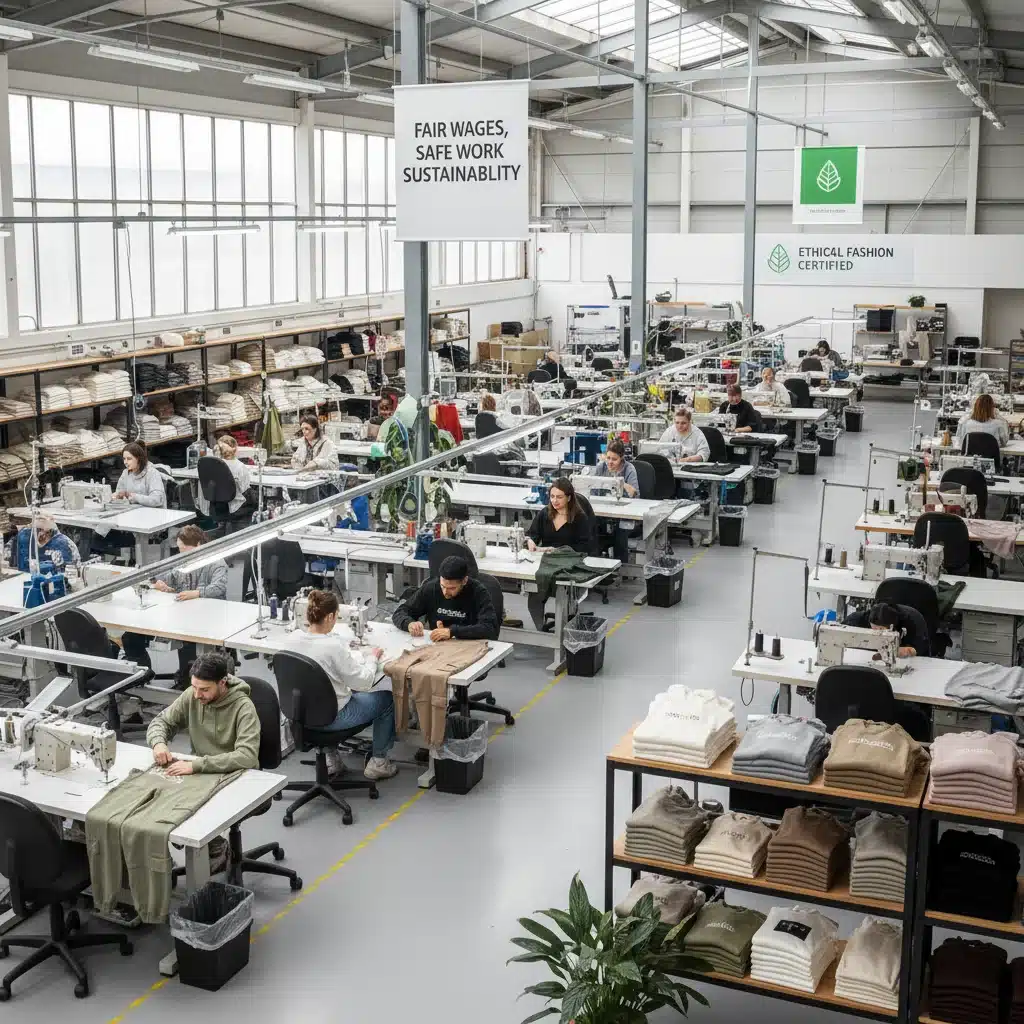 Ethical garment factory producing sustainable streetwear with fair labor practices.