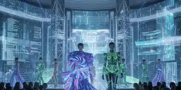 Futuristic digital couture runway show with holographic projections.