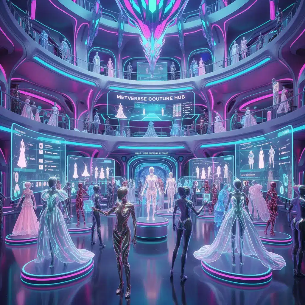 Metaverse fashion showroom with avatars trying digital couture.