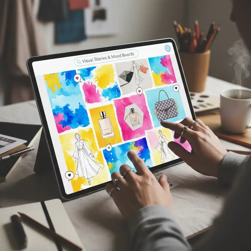 Fashion designer curating a visually rich Pinterest board