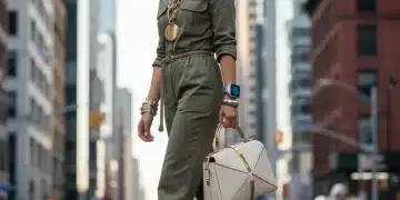 Stylish woman demonstrating early 2026 street style accessories in a vibrant urban setting, featuring oversized sunglasses and a structured handbag.