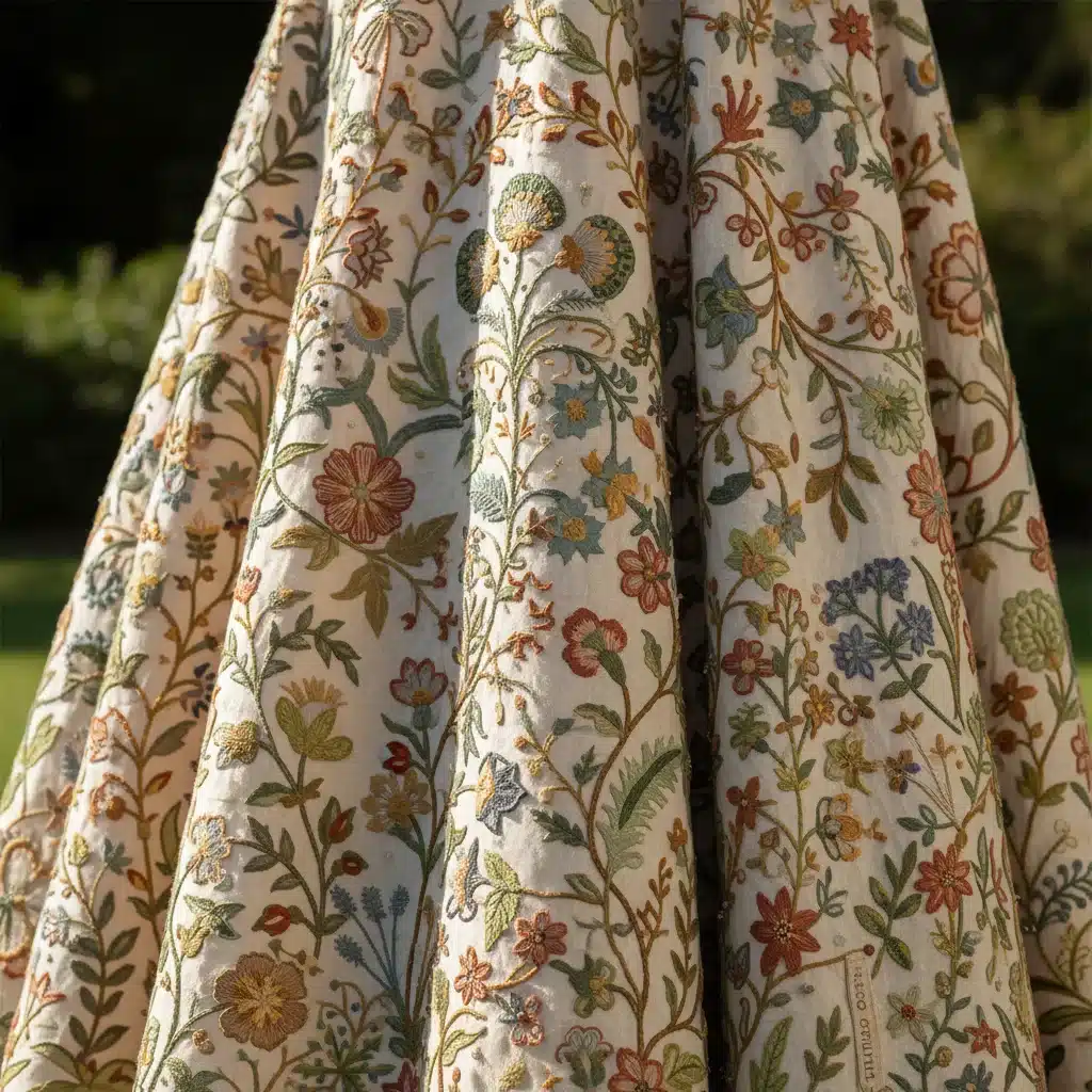 Intricate sustainable embroidery on a luxurious gown, showcasing eco-conscious fashion and craftsmanship.