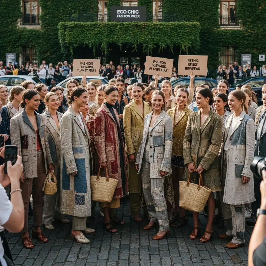 Fashion-forward individuals in upcycled, sustainable clothing, highlighting eco-conscious trends.