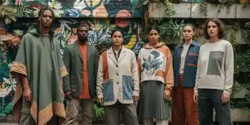 Diverse individuals modeling sustainable streetwear in an urban environment with eco-friendly elements.