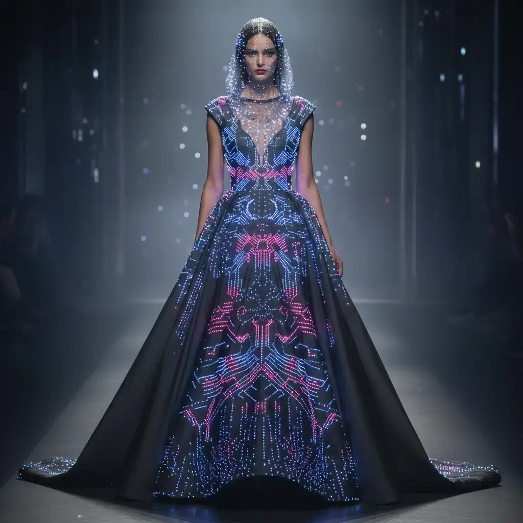 Model in a dress with integrated LED lights, representing technological advancements in fashion design.