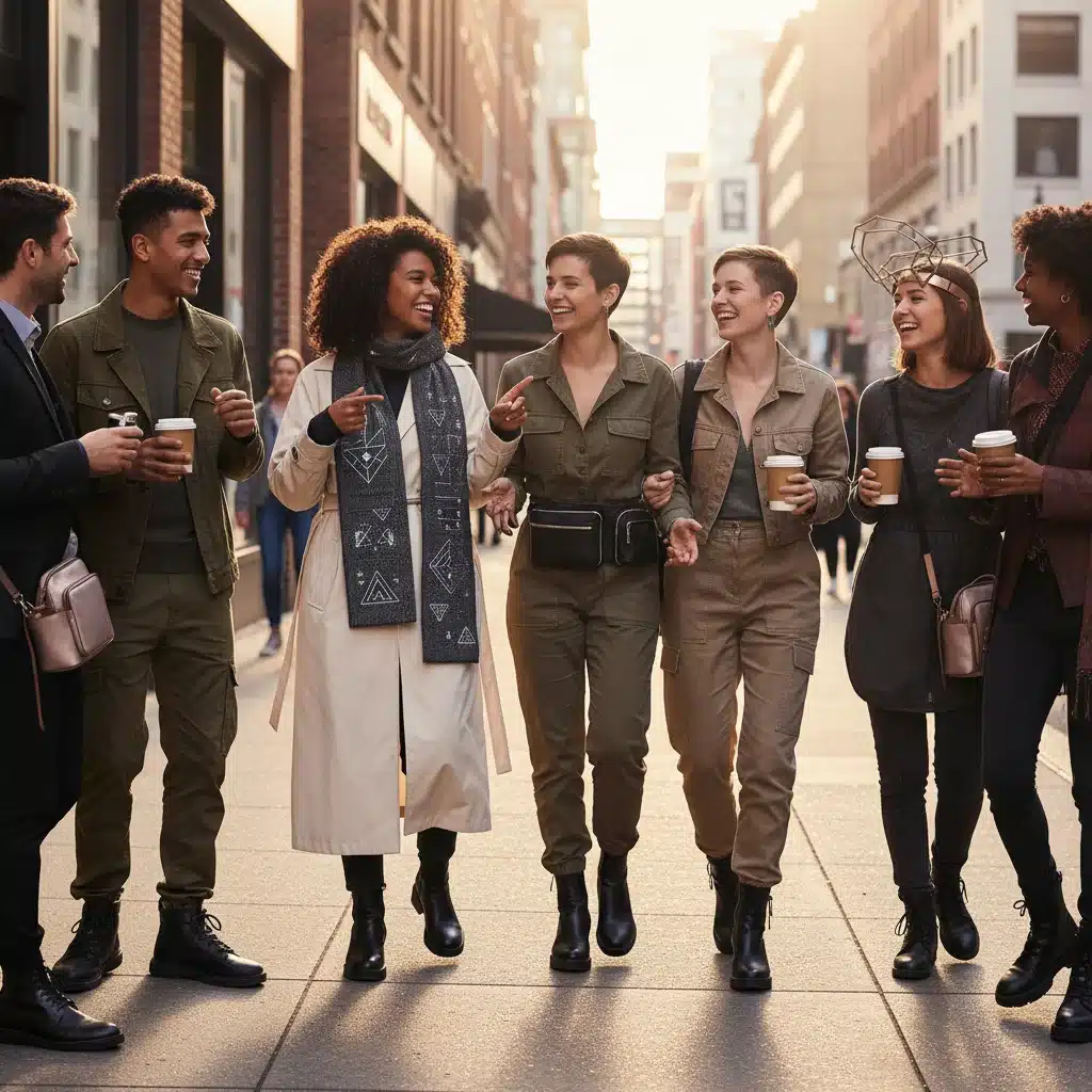 Group of friends showcasing diverse and innovative street style accessories, including a smart scarf and utility belt bag, on a city sidewalk.