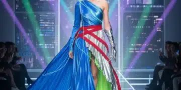 Model on runway in avant-garde asymmetrical dress with mixed textures, futuristic lighting, symbolizing American high fashion innovation.