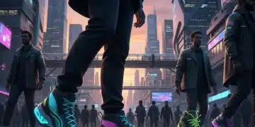 Futuristic sneakers glowing in an urban street at dusk, showcasing innovative design.
